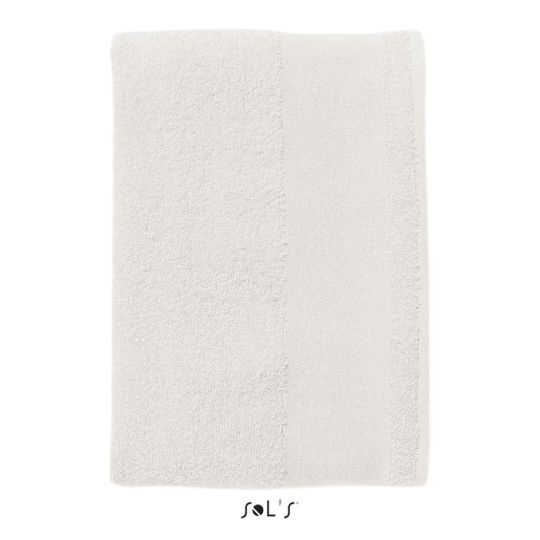 Serviette de bain personnalisée ISLAND 70 blanche en éponge de coton pliée avec liteau lisse sur la largeur
