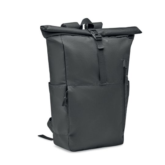 Sac à dos rolltop noir en RPET 300D avec fermeture enroulable à boucle et grande poche frontale zippée, vue de face