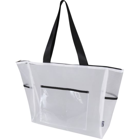 Sac shopping transparent personnalisé en maille recyclée blanche avec anses noires et compartiment zippé