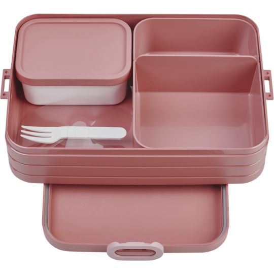 Boîte bento personnalisable Mepal Take a Break rose ouverte avec compartiments, boîtes amovibles et fourchette