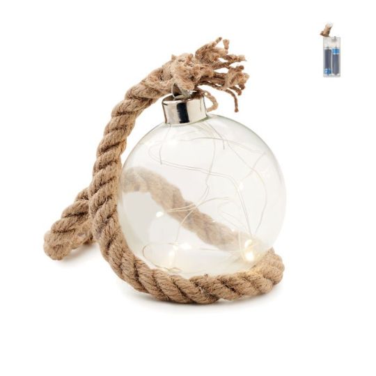 Boule décorative en verre transparent personnalisable BAUBLI avec guirlande LED intérieure et épaisse corde en jute