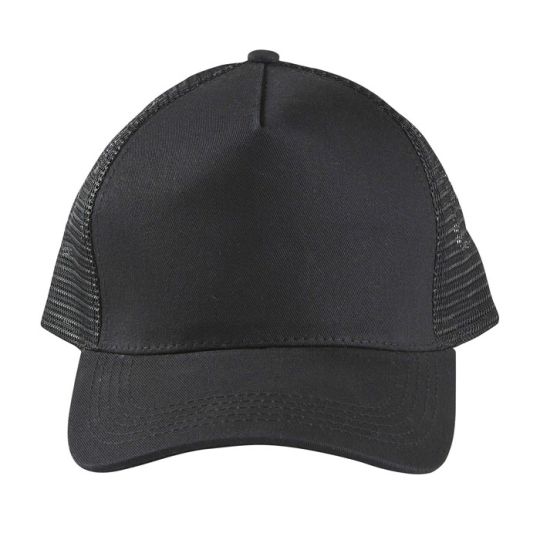 Casquette trucker personnalisée BLINK noire, devant en coton brossé et filet mesh, vue de trois quarts