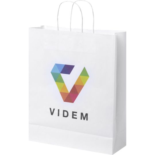 Sac kraft personnalisé blanc à poignées torsadées avec un logo multicolore imprimé sur la face avant