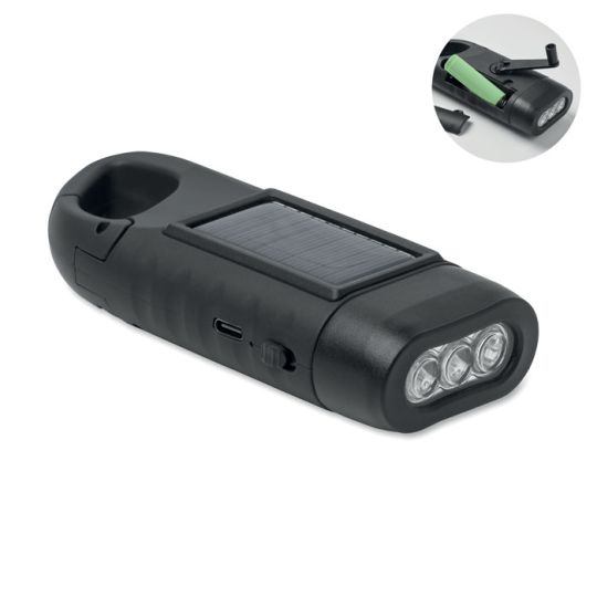 Lampe torche publicitaire CRANCH noire avec panneau solaire, 3 LED et manivelle dynamo en ABS recyclé