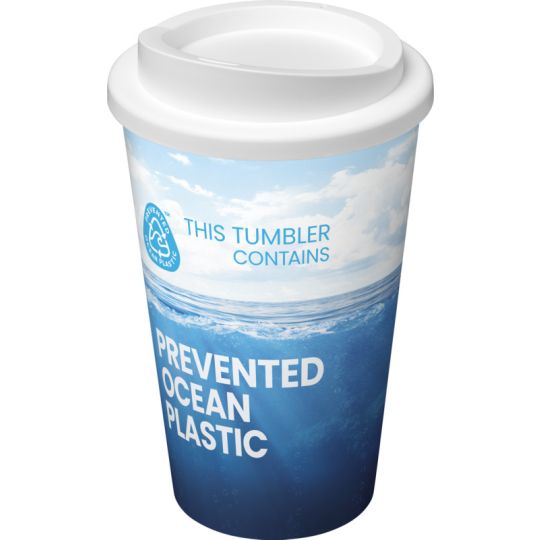 Gobelet isotherme Brite-Americano POP à couvercle blanc, décor moulé océan bleu et inscription Prevented Ocean Plastic