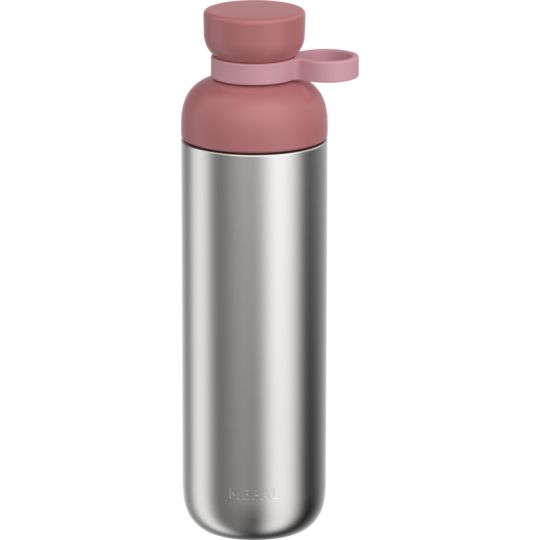 Grande gourde inox publicitaire Mepal Vita 900 ml en acier brossé avec bouchon rose et boucle de transport