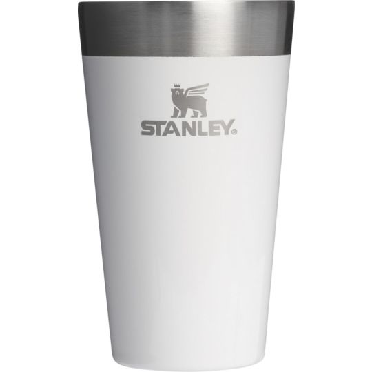 Gobelet inox personnalisé Stanley Stacking 470 ml blanc avec bord en acier brossé et logo embossé