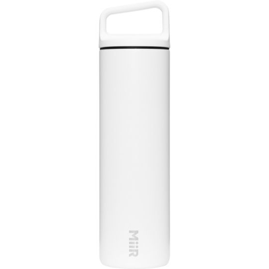 Bouteille isotherme personnalisable MiiR Widemouth blanc mat en inox avec bouchon à poignée et logo MiiR vertical
