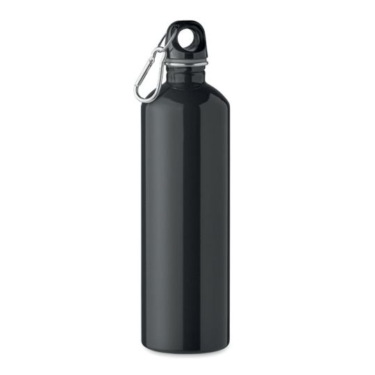 Bouteille inox personnalisable 750 ml noire au profil élancé avec bouchon à boucle et mousqueton argenté