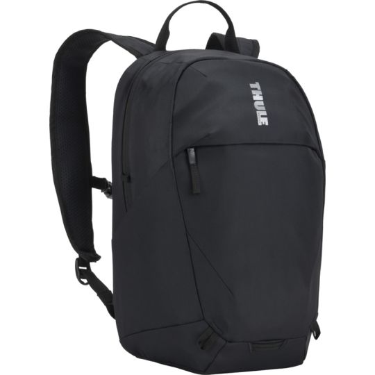 Sac à dos personnalisé Thule EnRoute 12 L noir vu de trois quarts avec poche frontale zippée et poignée de portage