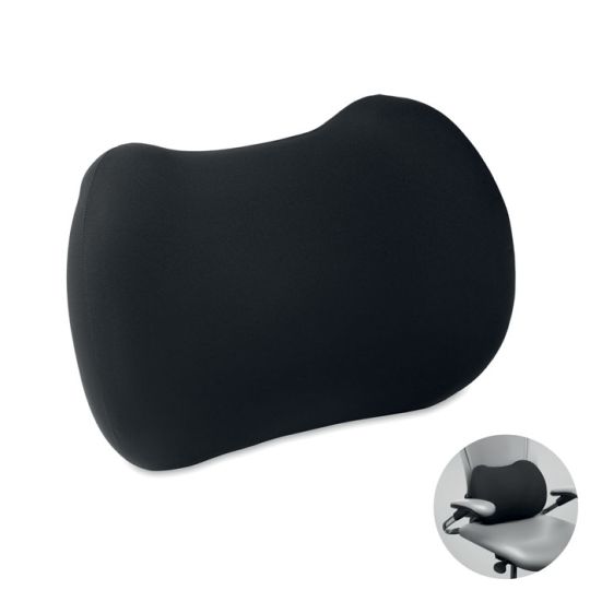 Coussin lombaire personnalisé noir en mousse à mémoire de forme, forme ergonomique et vue sur un siège