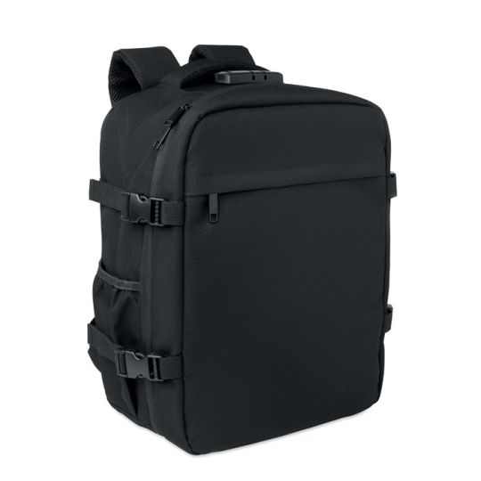 Sac à dos antivol LOCK&GO noir en RPET 600D avec serrure à code sur le dessus, poignée et sangles latérales