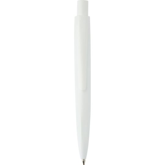 Mini-stylo bille Ramin blanc en plastique recyclé RCS avec bouton poussoir, agrafe intégrée et pointe métal