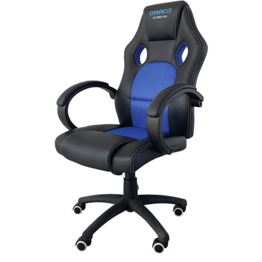 Chaise gaming Prixton Draco noire et bleue personnalisable avec dossier haut, accoudoirs et base à roulettes