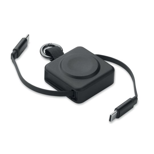 Câble rétractable personnalisé SKILFUL noir avec embouts USB-C, chargeur de montre intégré et anneau porte-clés