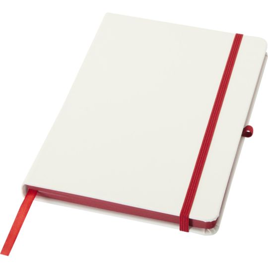 Carnet A5 publicitaire SPECTRUM à couverture blanche avec élastique, ruban marque-page et tranche rouges, vue de biais