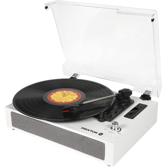 Platine vinyle personnalisée Prixton Studio Deluxe blanche avec couvercle transparent ouvert et façade en tissu
