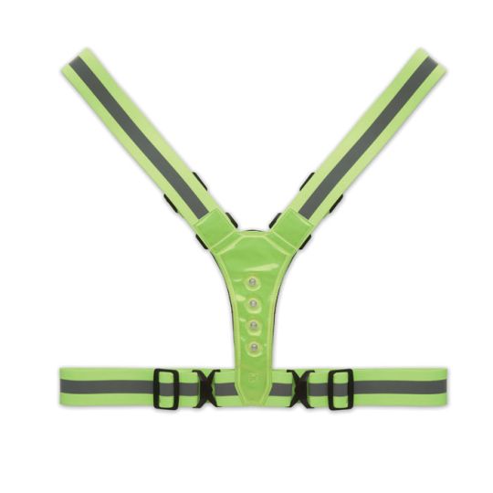 Baudrier réfléchissant personnalisé vert fluo en Y avec bandes argentées, plastron LED et ceinture réglable
