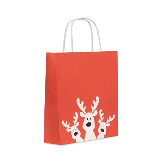 Sac cadeau personnalisé rouge petit format avec motif renne blanc et anses blanches BAO SMALL