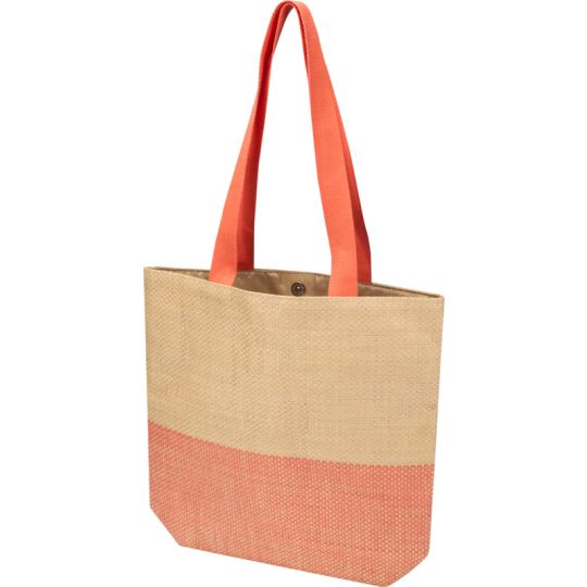 Sac fourre-tout personnalisé en papier paille beige naturel avec bande basse et anses en coton couleur brique