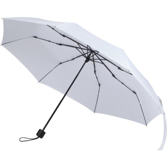 Parapluie pliable personnalisé blanc ouvert avec baleines noires en fibre de verre et poignée caoutchoutée