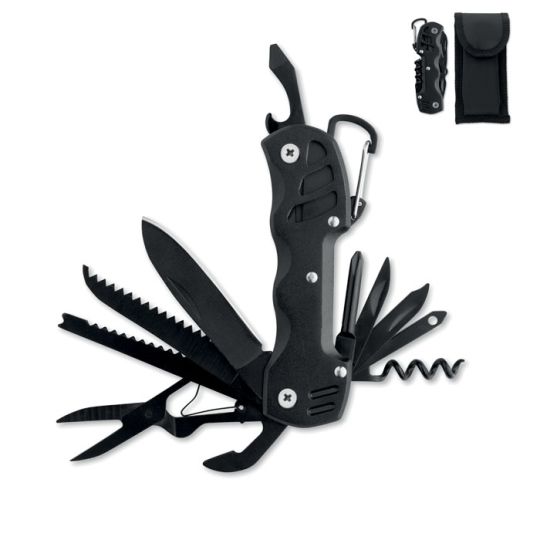 Couteau multifonction publicitaire MYTOOL noir déplié avec scie, lames, tire-bouchon et pochette en polyester
