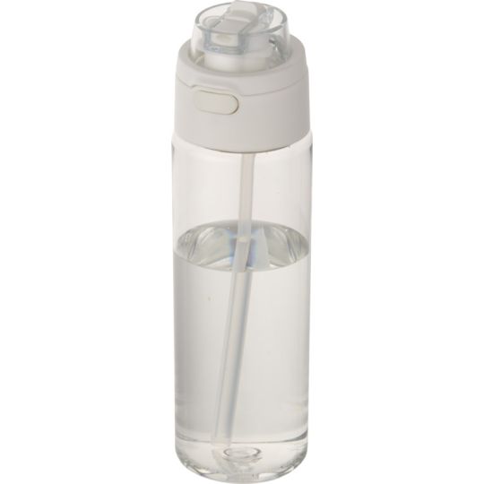 Gourde Theron 700 ml en RPET translucide avec paille intérieure, bouchon blanc à bouton-poussoir et poignée repliée