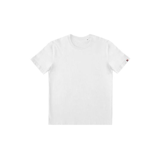T-shirt made in France personnalisé SACHA blanc en coton bio, vue de face avec petit détail tricolore en bas