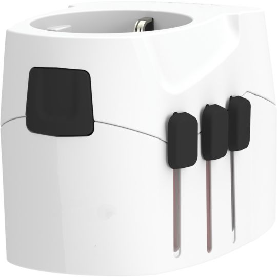 Adaptateur de voyage personnalisable SKROSS PRO Light blanc avec broches coulissantes noires déployées