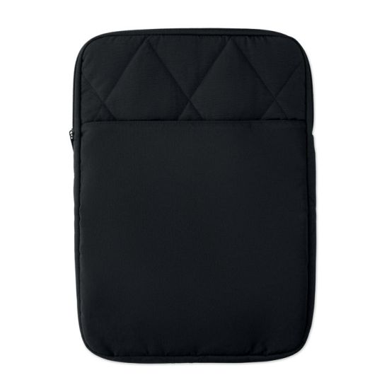 Housse ordinateur publicitaire KLYRO noire en nylon à coutures en losange avec poche frontale zippée, vue de face