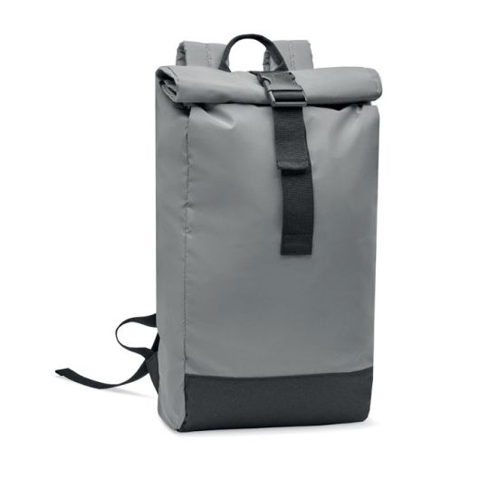Sac à dos réfléchissant personnalisé argent mat à fermeture rolltop, sangle à boucle noire et fond en RPET 600D