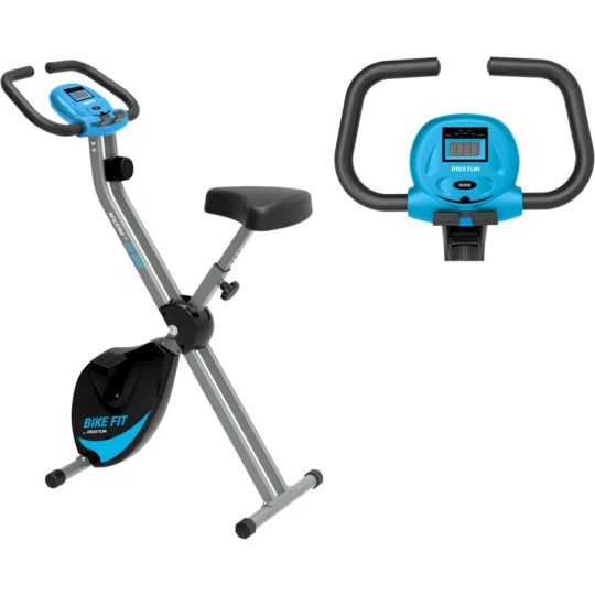 Vélo d'appartement personnalisé pliable Prixton gris et noir avec touches turquoise, détail du guidon et de l'écran
