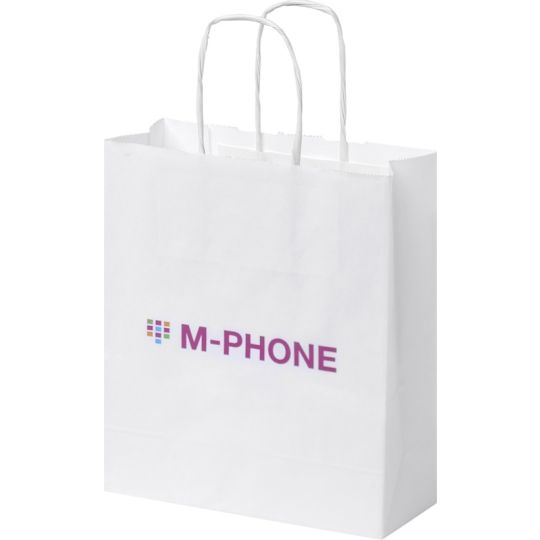 Petit sac kraft personnalisé blanc à poignées torsadées, imprimé d'un logo violet en façade