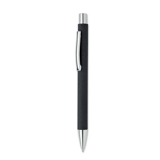 Stylo bille à poussoir en papier recyclé noir avec clip métal chromé, vue de profil sur fond blanc