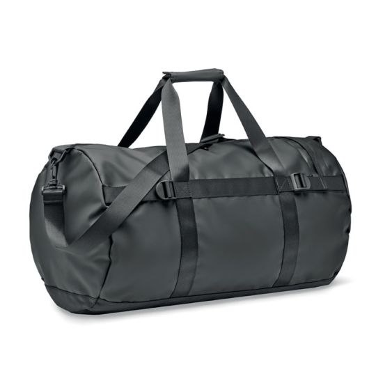 Sac polochon personnalisé noir en bâche tarpaulin avec anses réunies par une poignée de confort et sangles