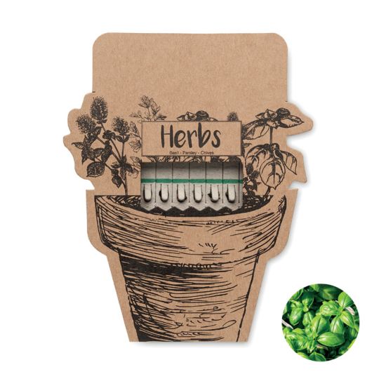Kit de graines personnalisé LEYTI sur carte kraft en forme de pot illustré avec bâtonnets d'herbes aromatiques