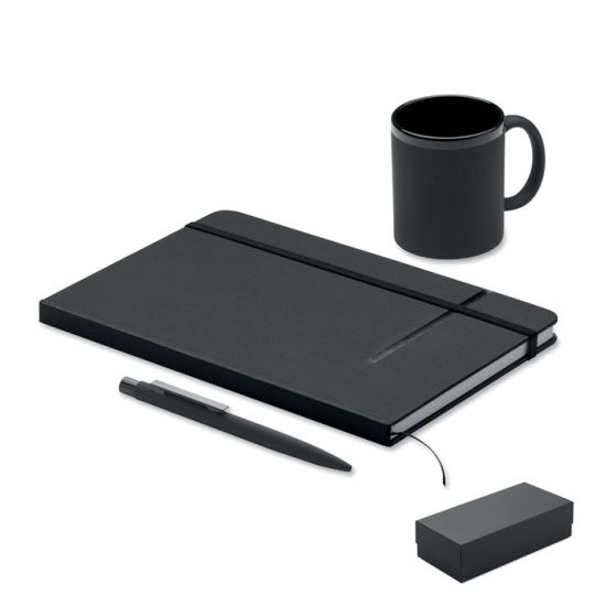 Coffret cadeau personnalisé noir avec carnet A5 à élastique, stylo bille, mug en céramique et boîte de présentation