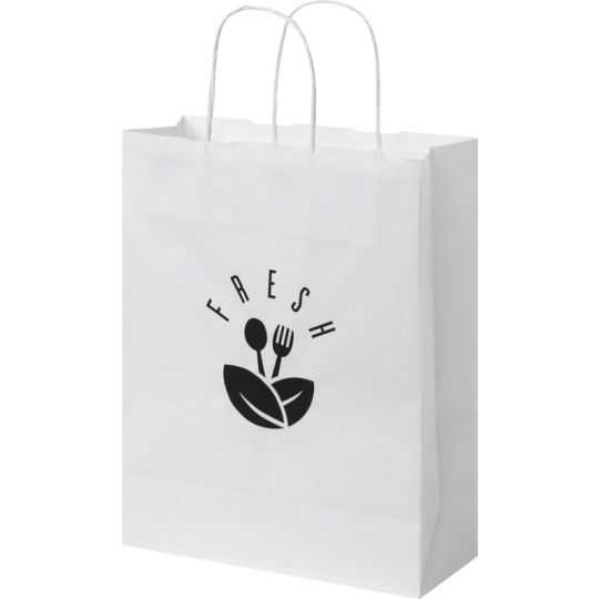 Sac kraft personnalisé 25 x 11 x 32 cm en version blanche à poignées torsadées, logo noir en façade