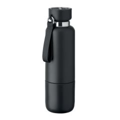 Bouteille personnalisée noire double paroi 500ml avec poignée intégrée et sangle transport