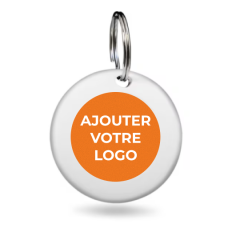 Traceur GPS personnalisable Tagbird blanc circulaire 38mm avec anneau métal et zone impression logo orange central