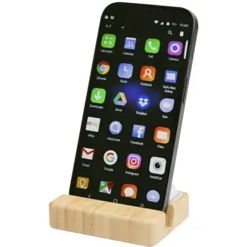 Support de téléphone personnalisable avec jouet fidget en plastique recyclé et détails en bambou - Algol 