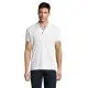 Polo sport homme personnalisable blanc en piqué polyester porté de face avec passepoil contrasté sur la patte