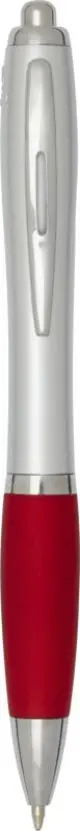 Stylo recyclé personnalisable Nash à corps argenté satiné, grip rouge, clip et poussoir argentés, vu de face