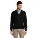 Cardigan homme personnalisé noir à col V boutonné en maille fine porté de face sur une chemise bleue