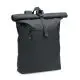 Sac à dos rolltop personnalisé noir en RPET 600D, rabat enroulé fermé par sangle et poche frontale zippée