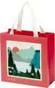 Sac papier personnalisé rouge Smartfold, anses ruban ivoire, illustration nature paysage de montagne et lac