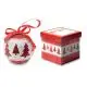 Boule de Noël personnalisée perlée blanche et rouge, sapins tartan et ruban de satin rouge