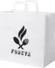 Sac papier publicitaire blanc à poignées plates et large soufflet, logo noir imprimé sur la face avant