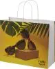 Sac kraft personnalisé blanc au format paysage avec poignées torsadées et impression jaune de lunettes