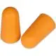 Deux bouchons d'oreille souples orange en forme d'ogive, surface mate finement grainée, vus de près sur fond blanc